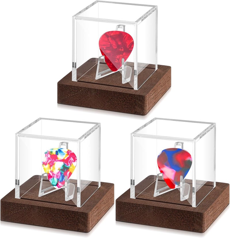 DoubleFill 3 Pcs Acrylic Guitar Pick Display Box Case with Wooden Base Clear Guitar Pick Holder Storage Box for Collectible Picks Decoration Memorabilia - Image 1